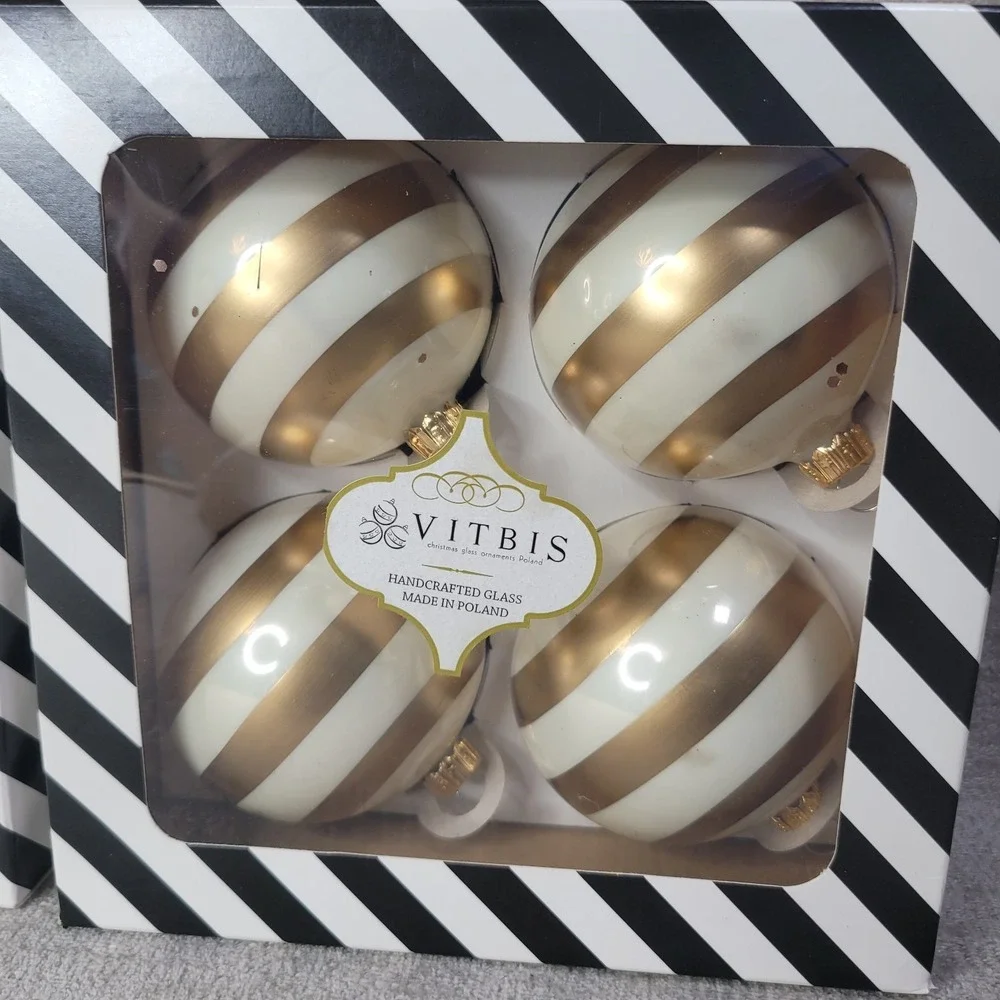 Vitbis‎ Set of 8 Christmas Ornaments White & Gold Stripes Handcrafted Poland